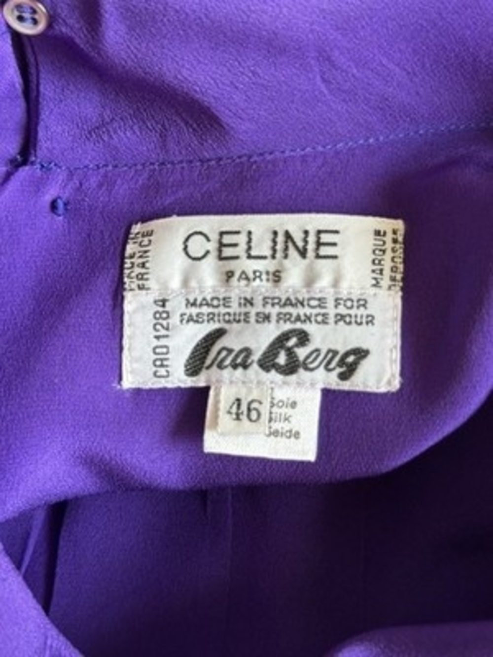 CELINE Paris Purple Silk Mock Neck Button Back Blouse Women's Top EU 46 US L - Picture 5 of 5